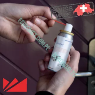 Instrukcja użytkowania sprayu do zamków Dorma Kaba

1. Przygotowanie zamka i sprayu
Na pierwszym zdjęciu widać przygotowanie sprayu do użytku. Włóż aplikator (czerwoną rurkę) w odpowiednie miejsce w dozowniku sprayu. Upewnij się, że zamek jest czysty i suchy, aby zapewnić skuteczne działanie środka.