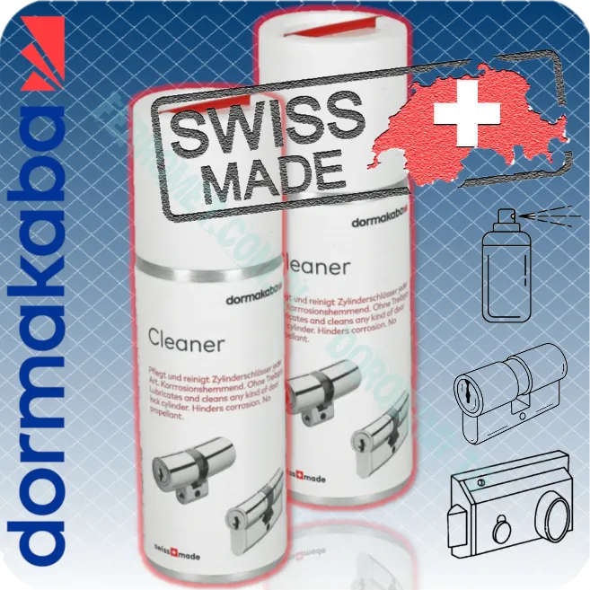 Spray DORMA-KABA Cleaner to profesjonalny preparat do konserwacji wkładek i cylindrów zamkowych. Wyprodukowany w Szwajcarii, skutecznie czyści i chroni mechanizmy przed korozją, zapewniając płynne działanie zamków. Regularne stosowanie gwarantuje płynne działanie zamków oraz ochronę przed korozją i zanieczyszczeniami.